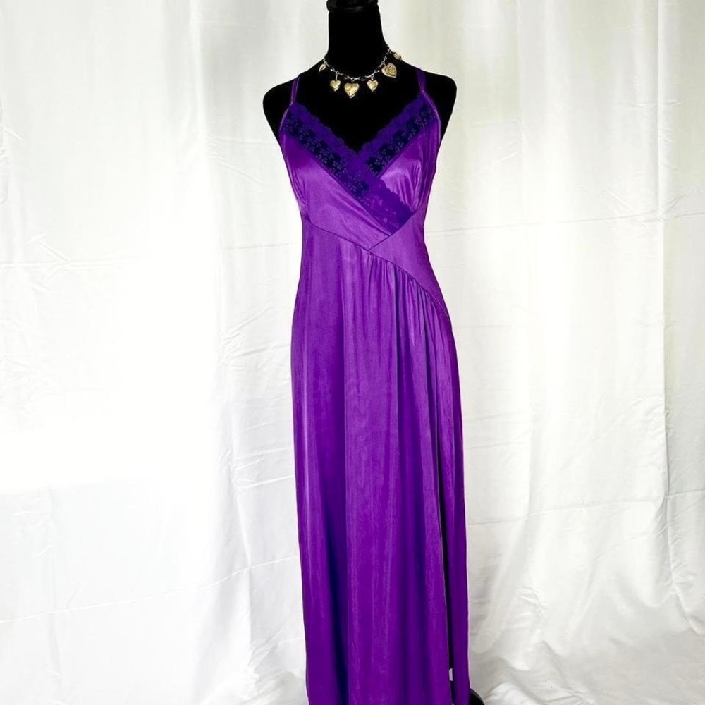 Vintage purple maxi slip dress with slit and lace trim